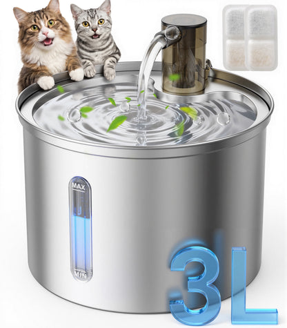 PWF-002 Stainless Steel Cat Water Fountain 304, 3L/101Oz, Low Noise Indoor Drinking Solution for Cats, Silver Finish
