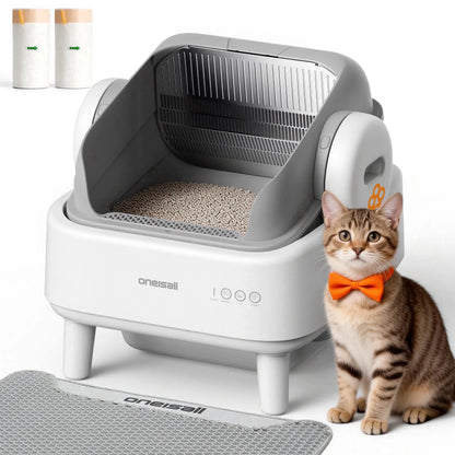 AB01 Automatic Self-Cleaning Cat Litter Box with 17 Safety Sensors for Multiple Cats - Open Top Design in White
