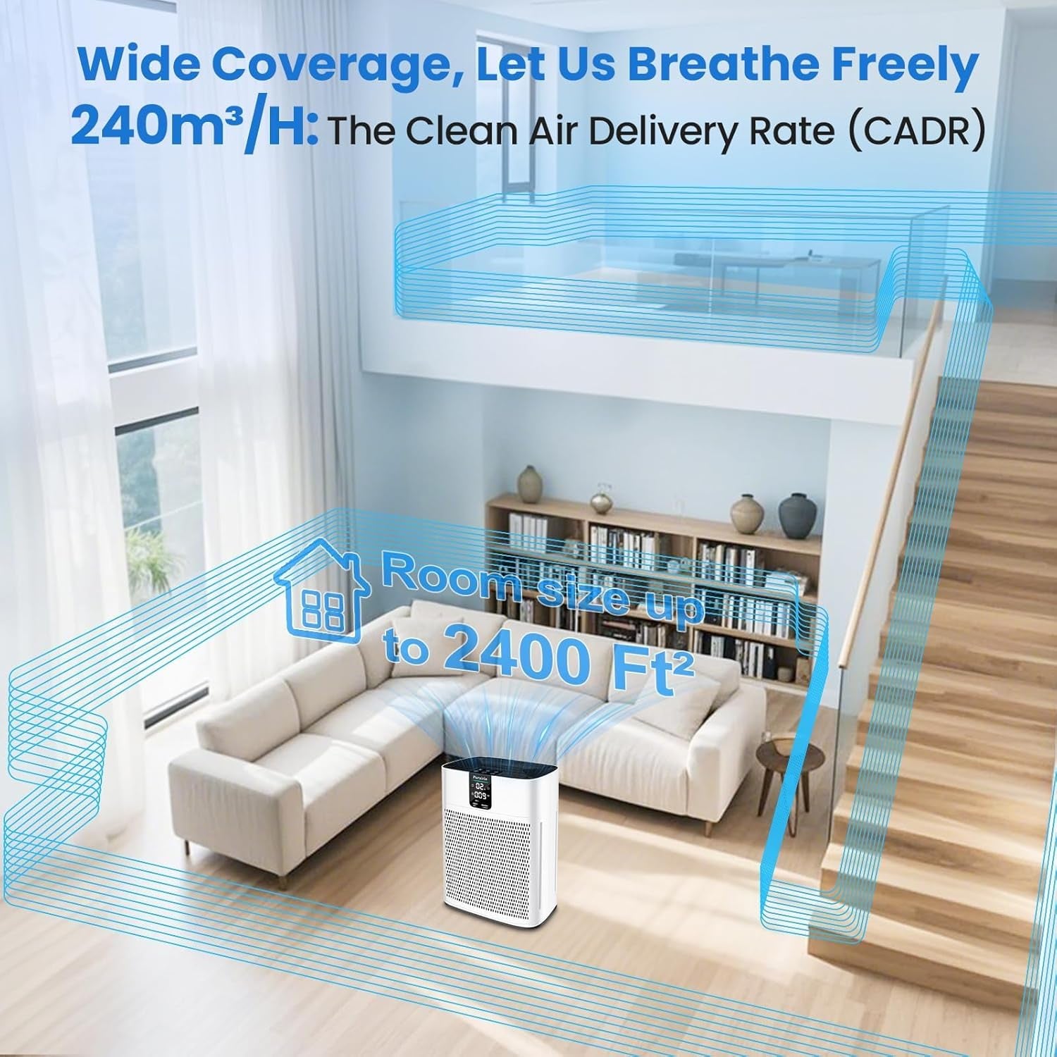 HEPA Air Purifier for Large Rooms up to 2400 Sq.Ft, Smart Air Cleaner with Sleep Mode, App Control, and Air Quality Sensor for Pets, Hair, Dander, and Odor - Bright White