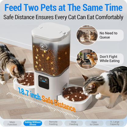 5G WiFi Enabled Dual Automatic Cat and Dog Feeder for Multiple Pets with APP Control, 7L Capacity, and Detachable Design for Easy Cleaning (Model ACF190W-C)