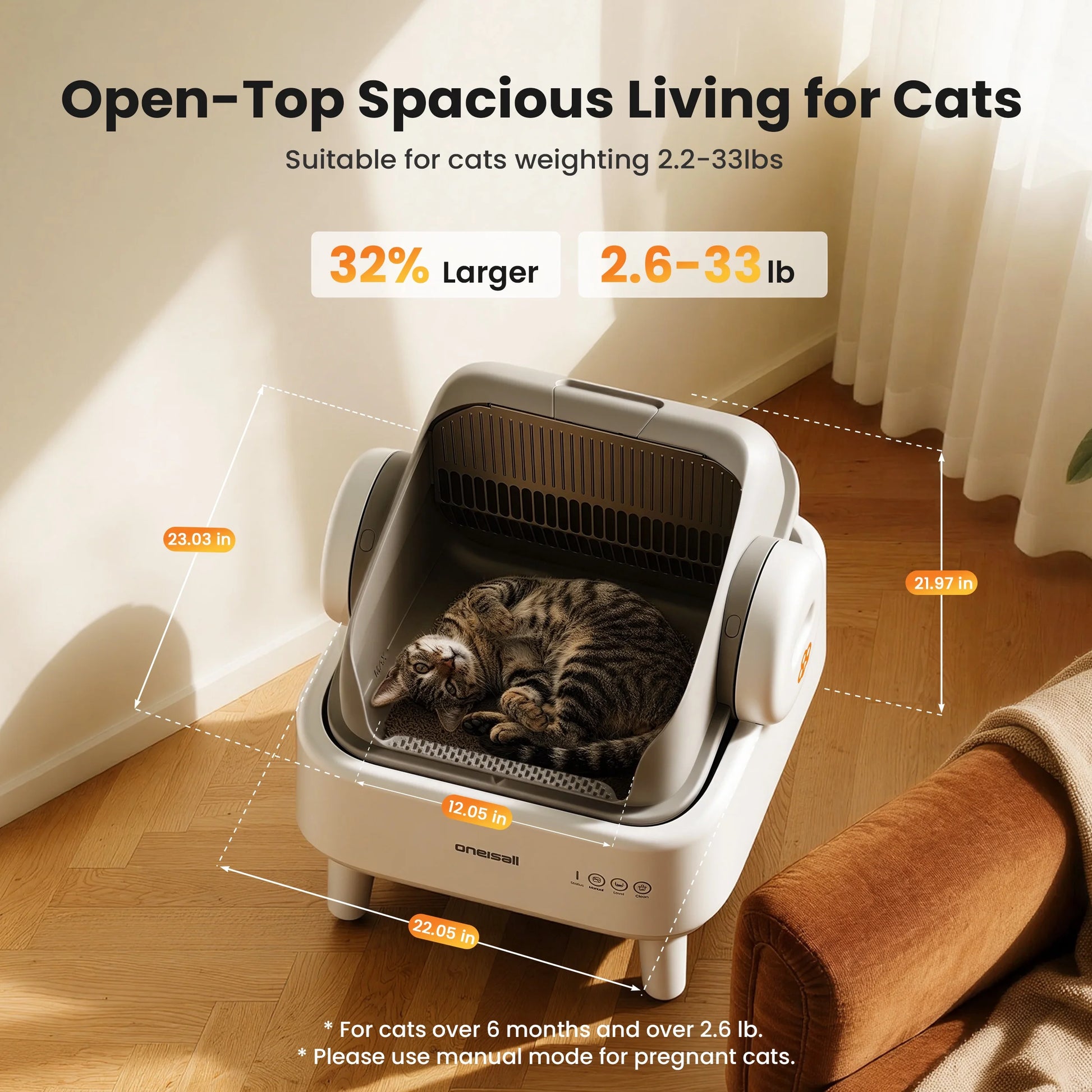 AB01 Automatic Self-Cleaning Cat Litter Box with 17 Safety Sensors for Multiple Cats - Open Top Design in White