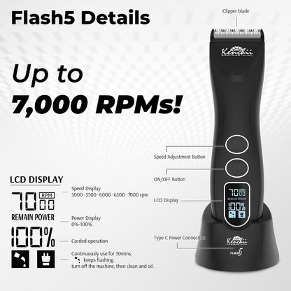 Flash 5 Matte Black 5-in-1 Pet Grooming Clipper with Digital LCD Display and Stay-Cool Blade for Precision Grooming - Ergonomic Design for Trimming and Shaping