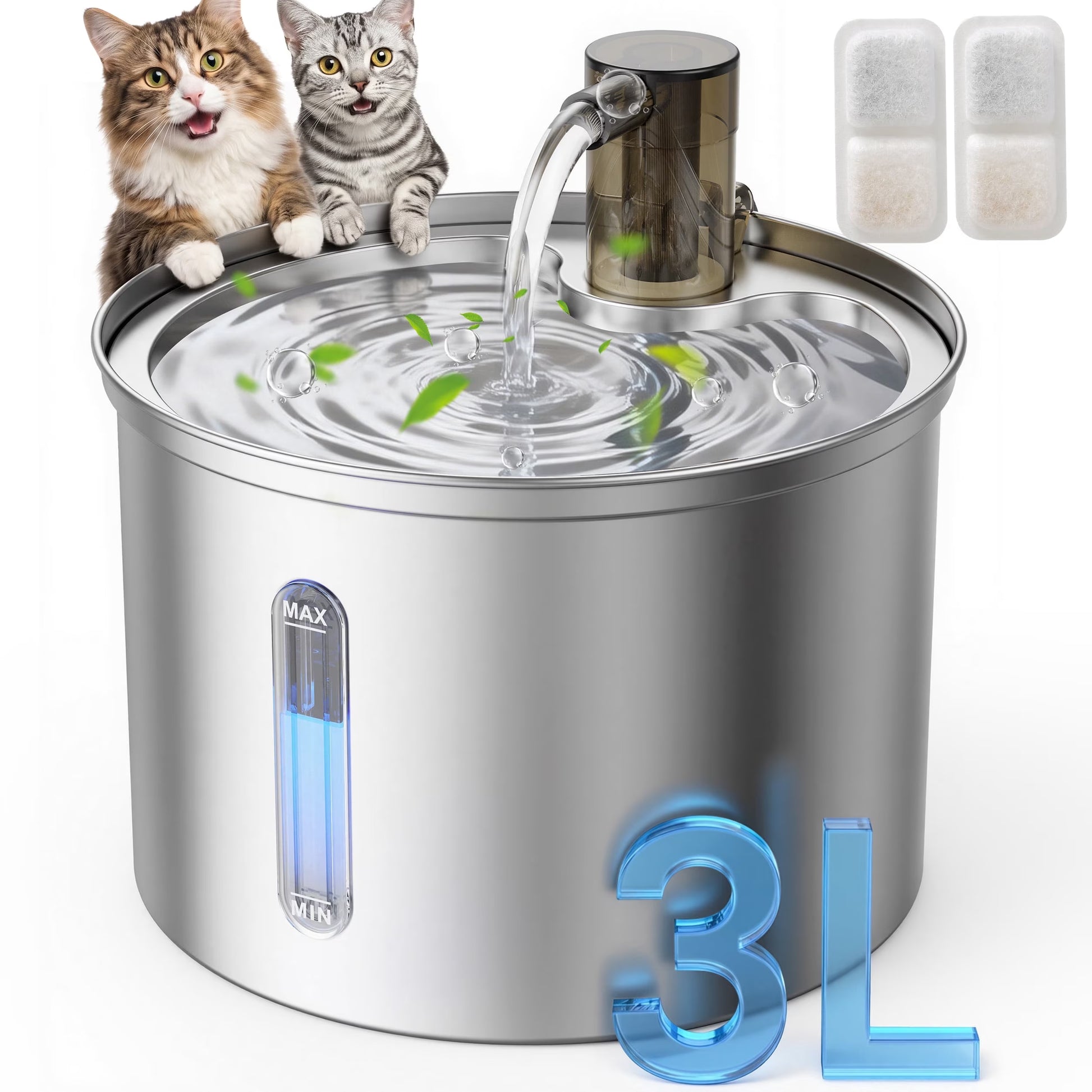 PWF-002 Stainless Steel Cat Water Fountain 304, 3L/101Oz, Low Noise Indoor Drinking Solution for Cats, Silver Finish