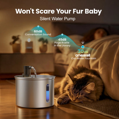 PWF-002 Stainless Steel Cat Water Fountain 304, 3L/101Oz, Low Noise Indoor Drinking Solution for Cats, Silver Finish