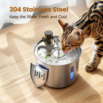 PWF-002 Stainless Steel Cat Water Fountain 304, 3L/101Oz, Low Noise Indoor Drinking Solution for Cats, Silver Finish