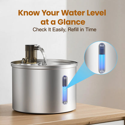 PWF-002 Stainless Steel Cat Water Fountain 304, 3L/101Oz, Low Noise Indoor Drinking Solution for Cats, Silver Finish