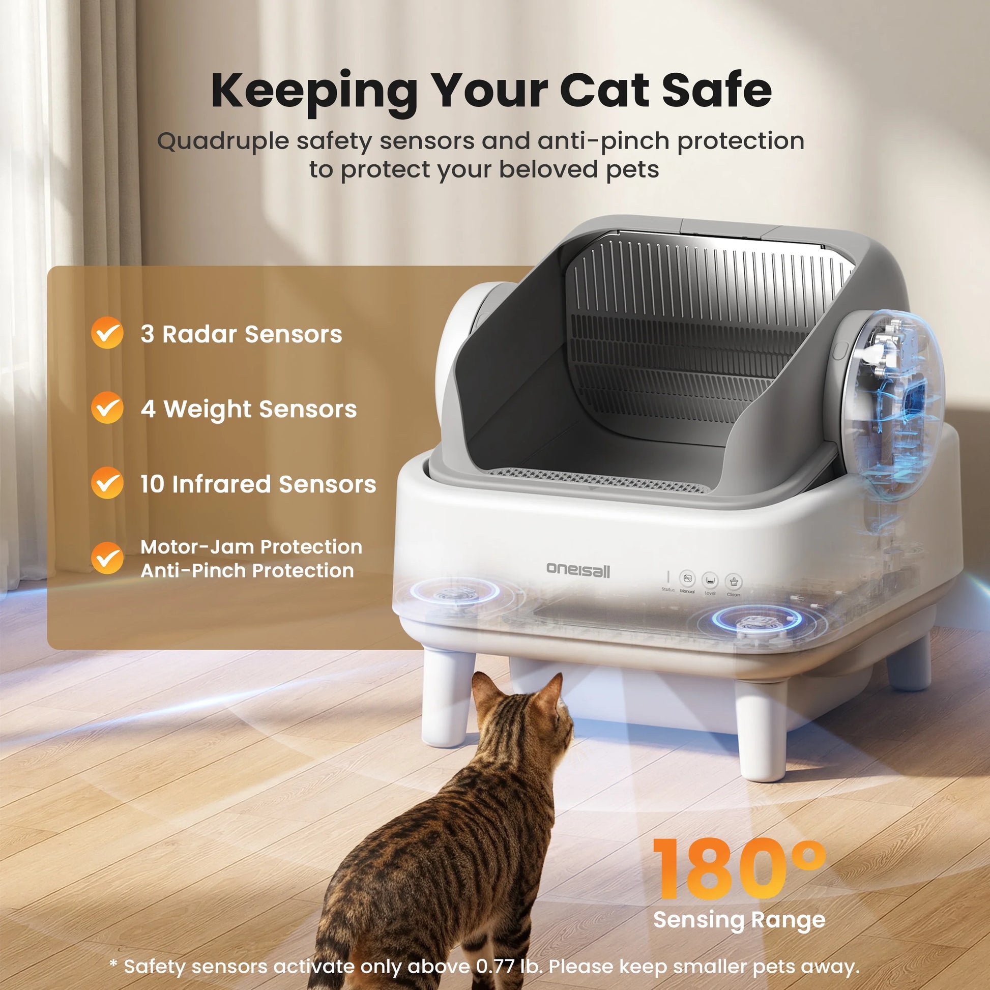 AB01 Automatic Self-Cleaning Cat Litter Box with 17 Safety Sensors for Multiple Cats - Open Top Design in White