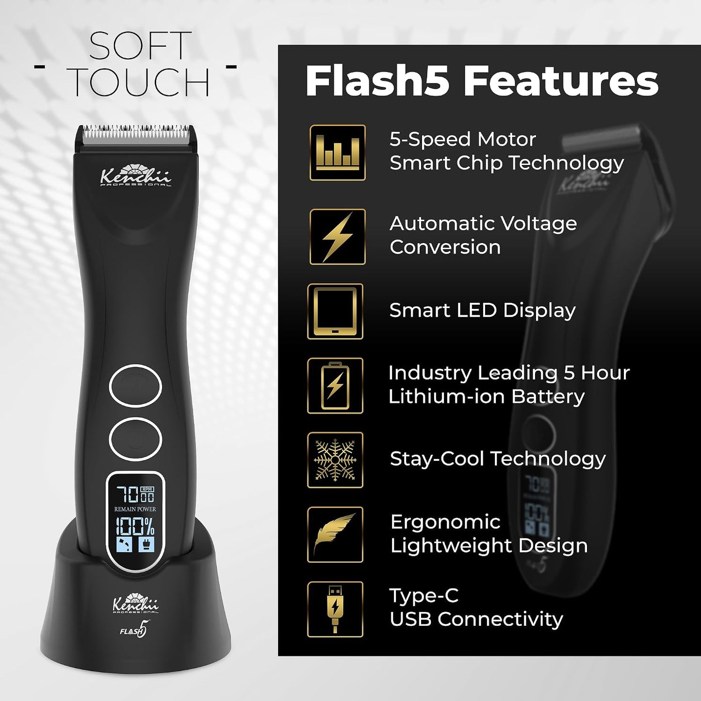 Flash 5 Matte Black 5-in-1 Pet Grooming Clipper with Digital LCD Display and Stay-Cool Blade for Precision Grooming - Ergonomic Design for Trimming and Shaping