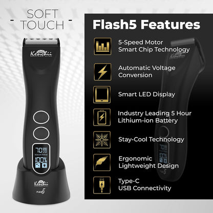 Flash 5 Matte Black 5-in-1 Pet Grooming Clipper with Digital LCD Display and Stay-Cool Blade for Precision Grooming - Ergonomic Design for Trimming and Shaping