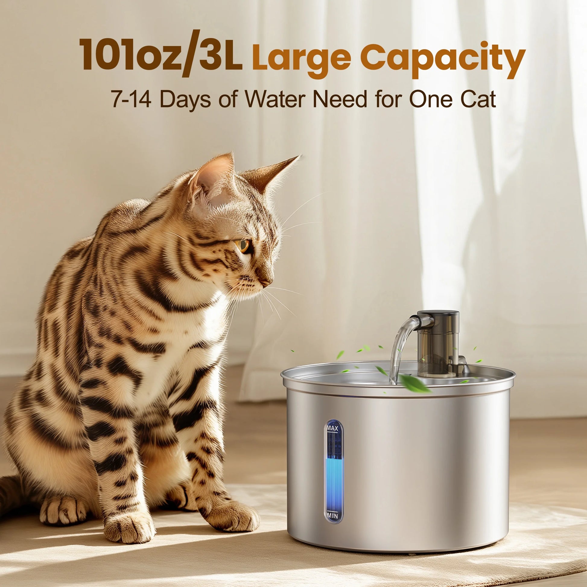 PWF-002 Stainless Steel Cat Water Fountain 304, 3L/101Oz, Low Noise Indoor Drinking Solution for Cats, Silver Finish