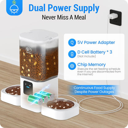 5G WiFi Enabled Dual Automatic Cat and Dog Feeder for Multiple Pets with APP Control, 7L Capacity, and Detachable Design for Easy Cleaning (Model ACF190W-C)